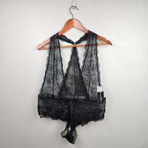 Oh La La Cheri Plunging Lace Halter Teddy With Tanga Back Black Womens Sz 3X 4X
